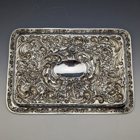 1909年 英国アンティーク 純銀 レリーフ彫刻 ドレッシングテーブルトレイ 354g W.G.Keight